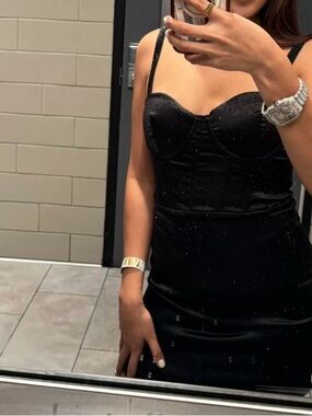 Windsor Black Rhinestone Satin Bodycon Mini Dress – Size Small